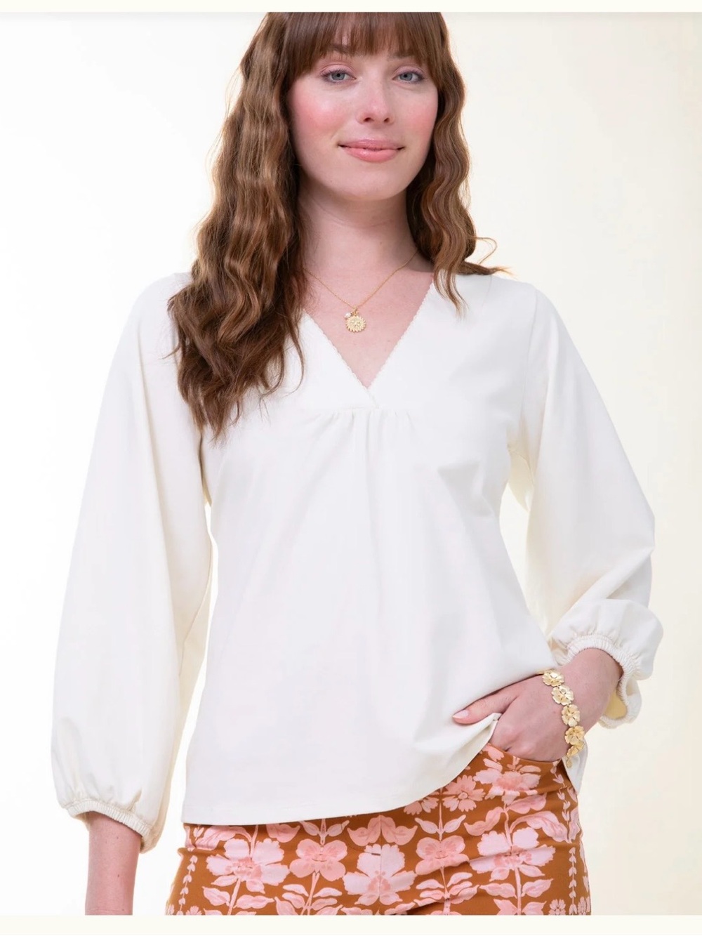 Spartina 449 Cream V-Neck Balloon Sleeve Top